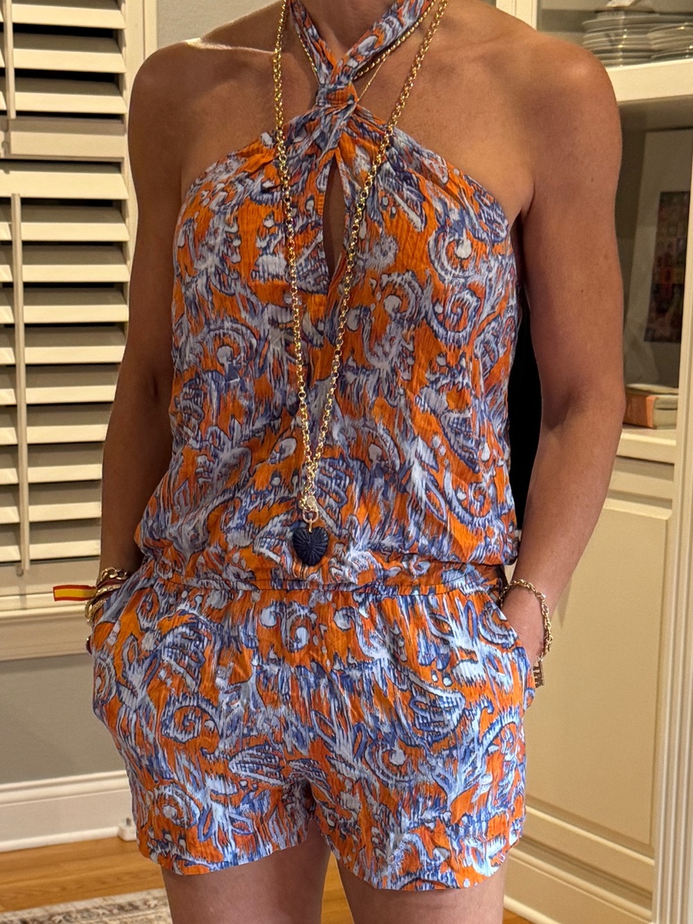 BCBGMAXAZRIA Abstract Ikat Print Halter Romper XS